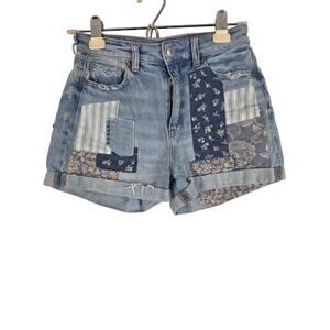 American Eagle Patchwork Mom Shorts 0 Womens Mid Rise Distressed Cuffed